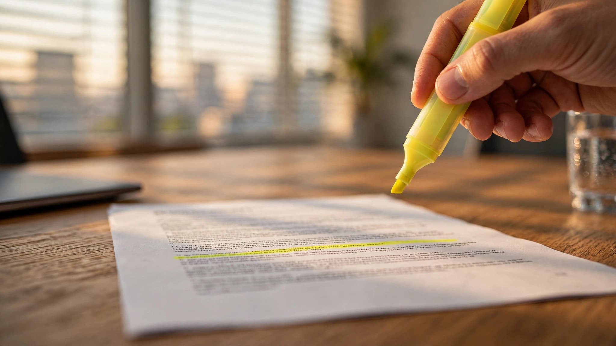 Hand highlighting one clause of a managed service provider contract on an oak conference table in a Dallas office