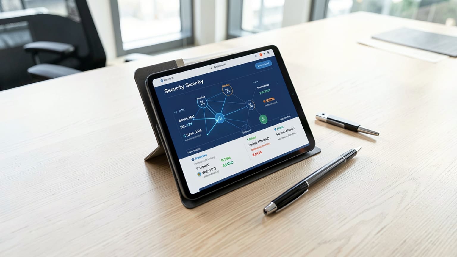 Executive tablet displaying network security telemetry during a cybersecurity audit on an office desk.