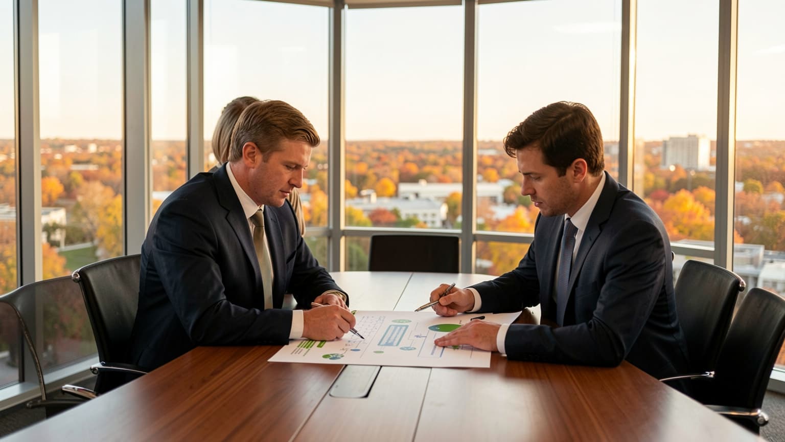 Executives review a technology roadmap during a Dallas IT outsourcing strategy meeting in an Uptown conference room.