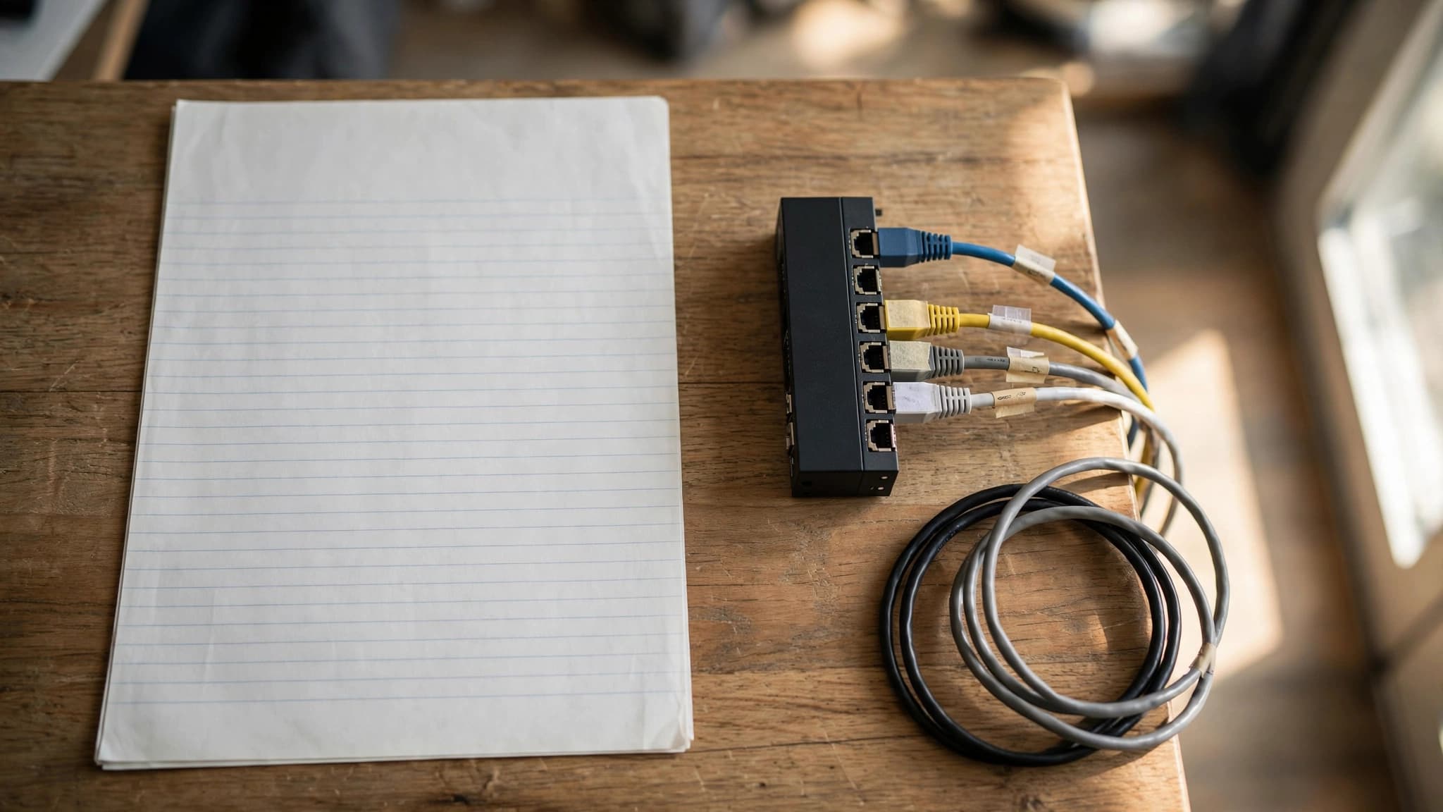 Blank inventory sheet beside a network switch and labeled ethernet cables, the first step in comparing NDR vendors