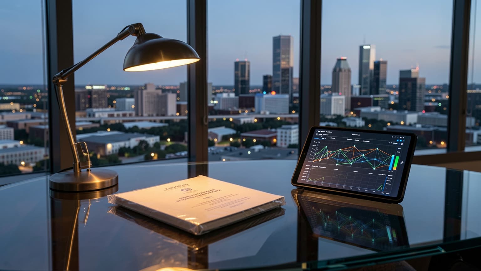 Executive desk with an illuminated tablet and sealed legal dossier representing a data breach safe harbor defense in Texas.