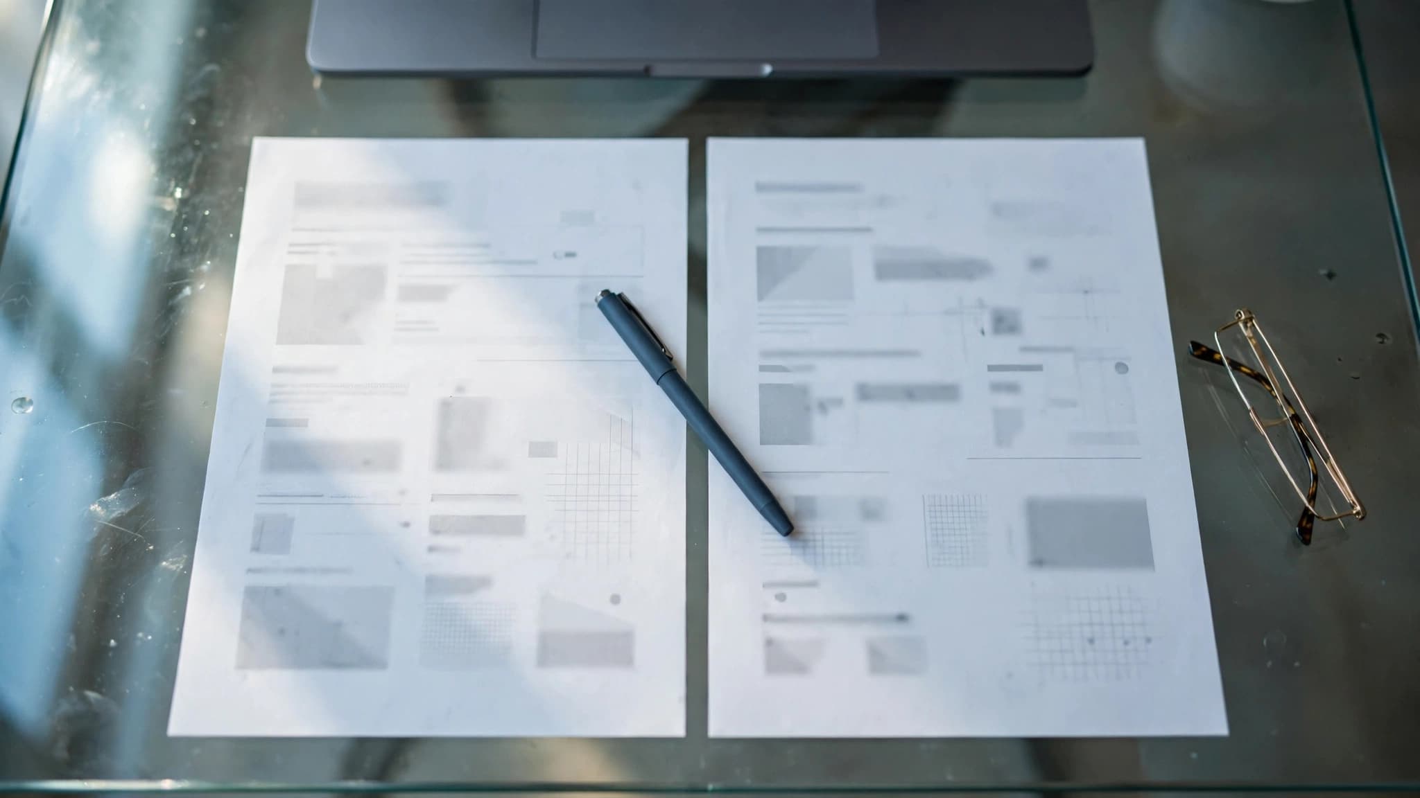 Two printed vendor proposals side by side on a glass desk with a pen and folded reading glasses, comparing MSSP and SOC optio