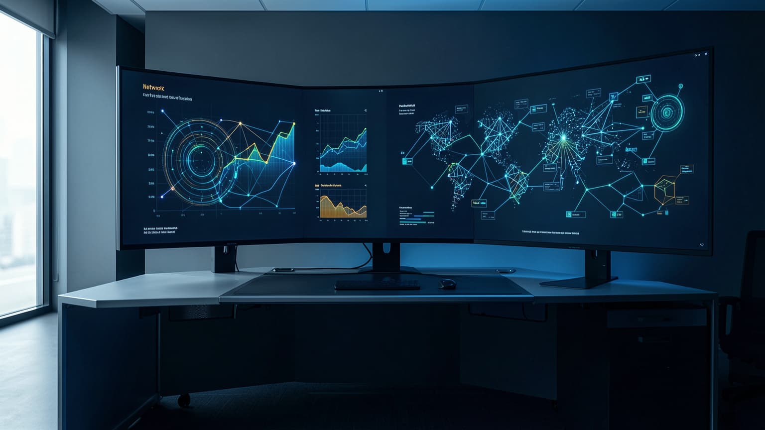 Network operations console displaying diagnostic graphs and maps for vulnerability assessment services.