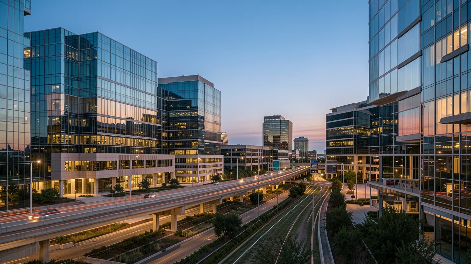 Dallas office towers along the tollway at twilight representing managed security services in Dallas business districts.