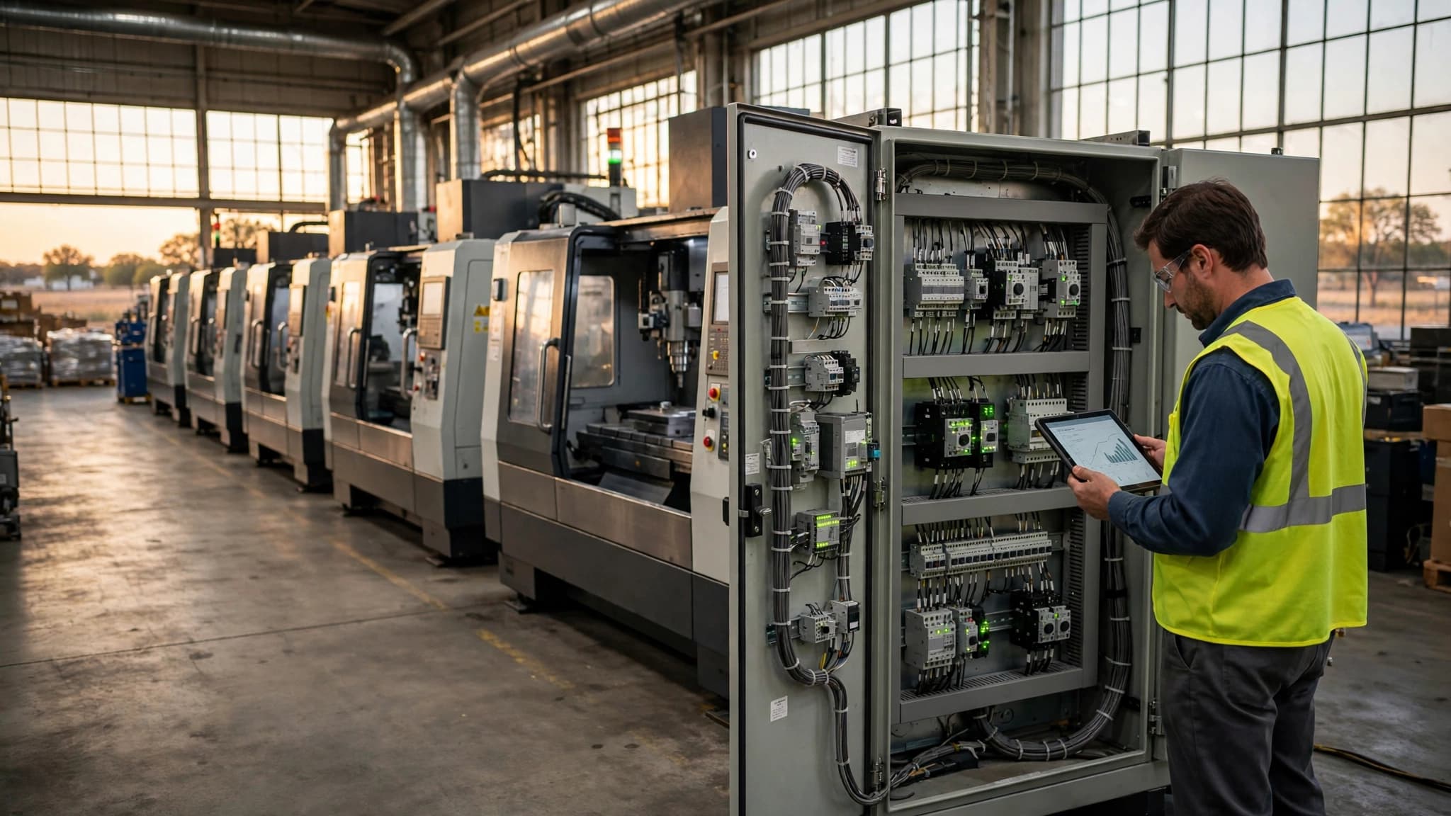 Technician with a tablet beside an open PLC cabinet on a North Texas assembly floor, showing industrial cybersecurity at work