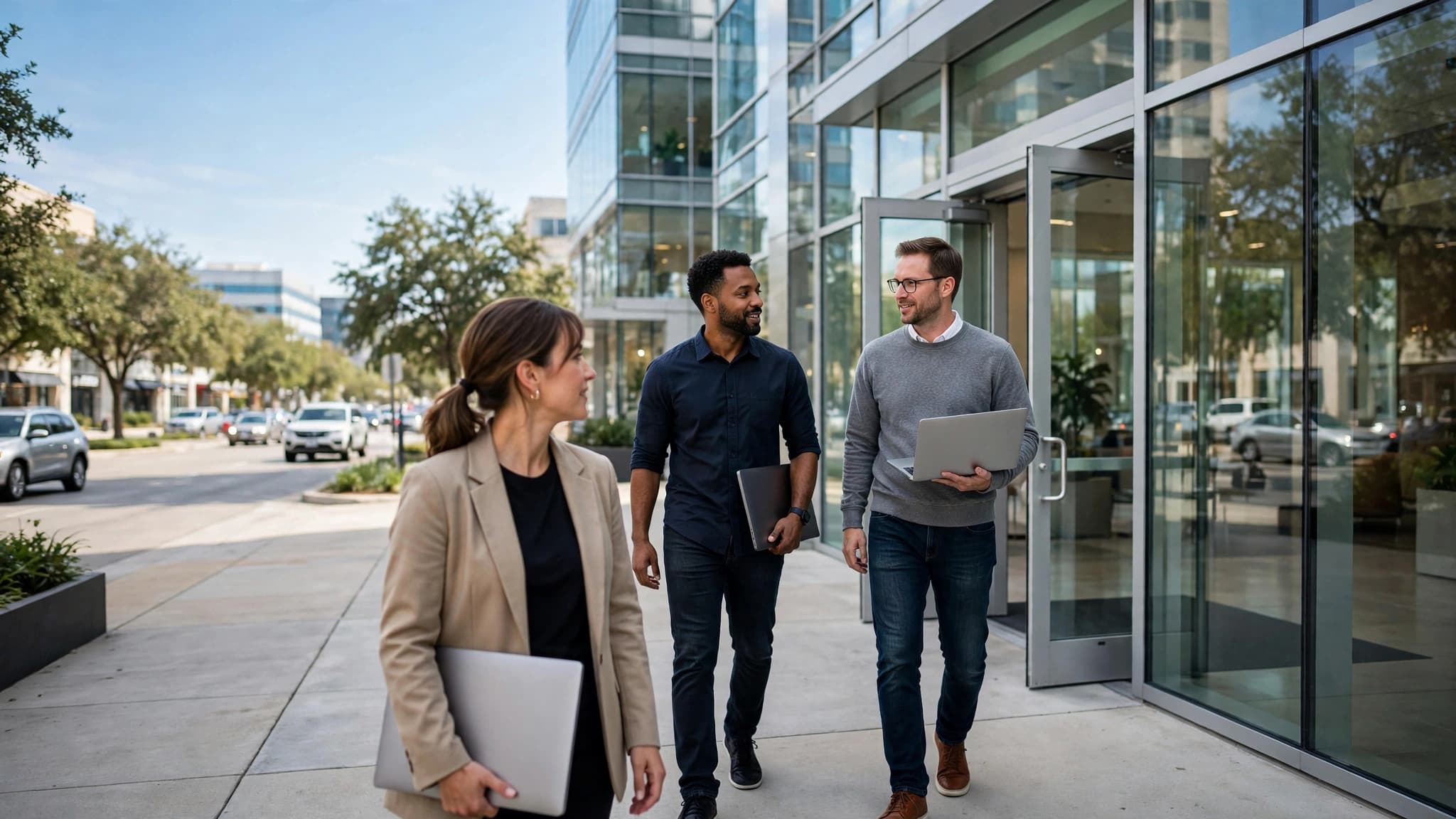 Three colleagues walk out of a glass mid-rise office in Frisco, Texas, laptops in hand, on a bright late-morning day