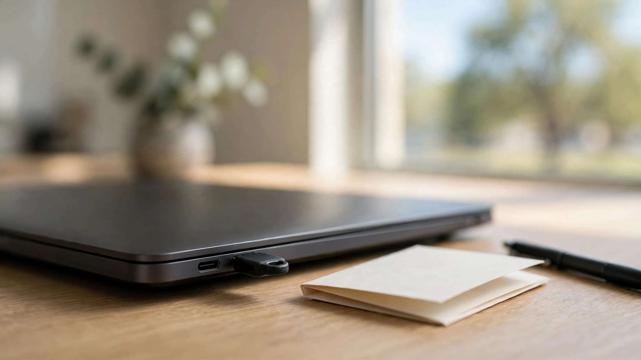 Small black FIDO2 security key plugged into the side of a closed laptop on a light oak office desk