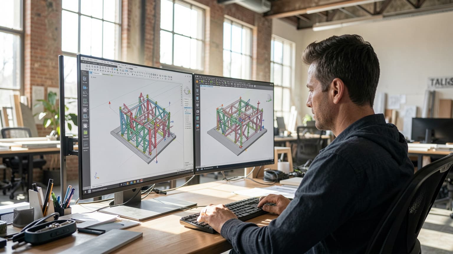 Architectural designer evaluating SAN NAS DAS storage configurations for Revit models at a Dallas CAD workstation.